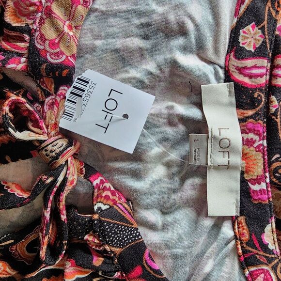 Loft Midi Dress Women Sz L Multicolor Paisley Tiered Tie Neck Long Sleeve Rayon - Picture 7 of 11